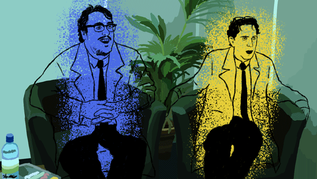 A gif of John Flansburgh and John Linnell sitting down and talking. The lines are black and are a bit fuzzy. They're both wearing lab coats with a button up and tie underneath and black pants. There's a line of blue behind Flansburgh for his color and there's a line of yellow behind Linnell for his color. The background is a quickly colored drawing of a room with two chairs that each John are sitting in, a plant that is behind their two chairs, and a table that is off to the left corner of the drawing that has a magazine and water bottle on top of it.