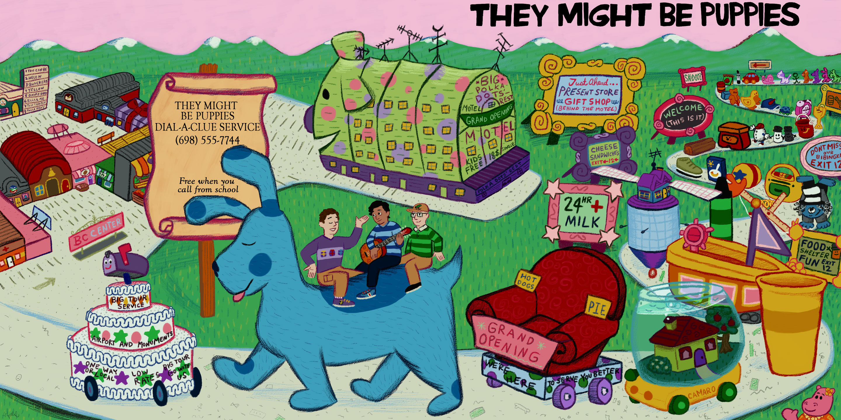 The same digital drawing, but the track listing in the sky is gone and the text on the signpost is different. Instead of credits, it says 'THEY MIGHT BE PUPPIES DIAL-A-CLUE SERVICE 698-555-7744. Free when you call from school.'