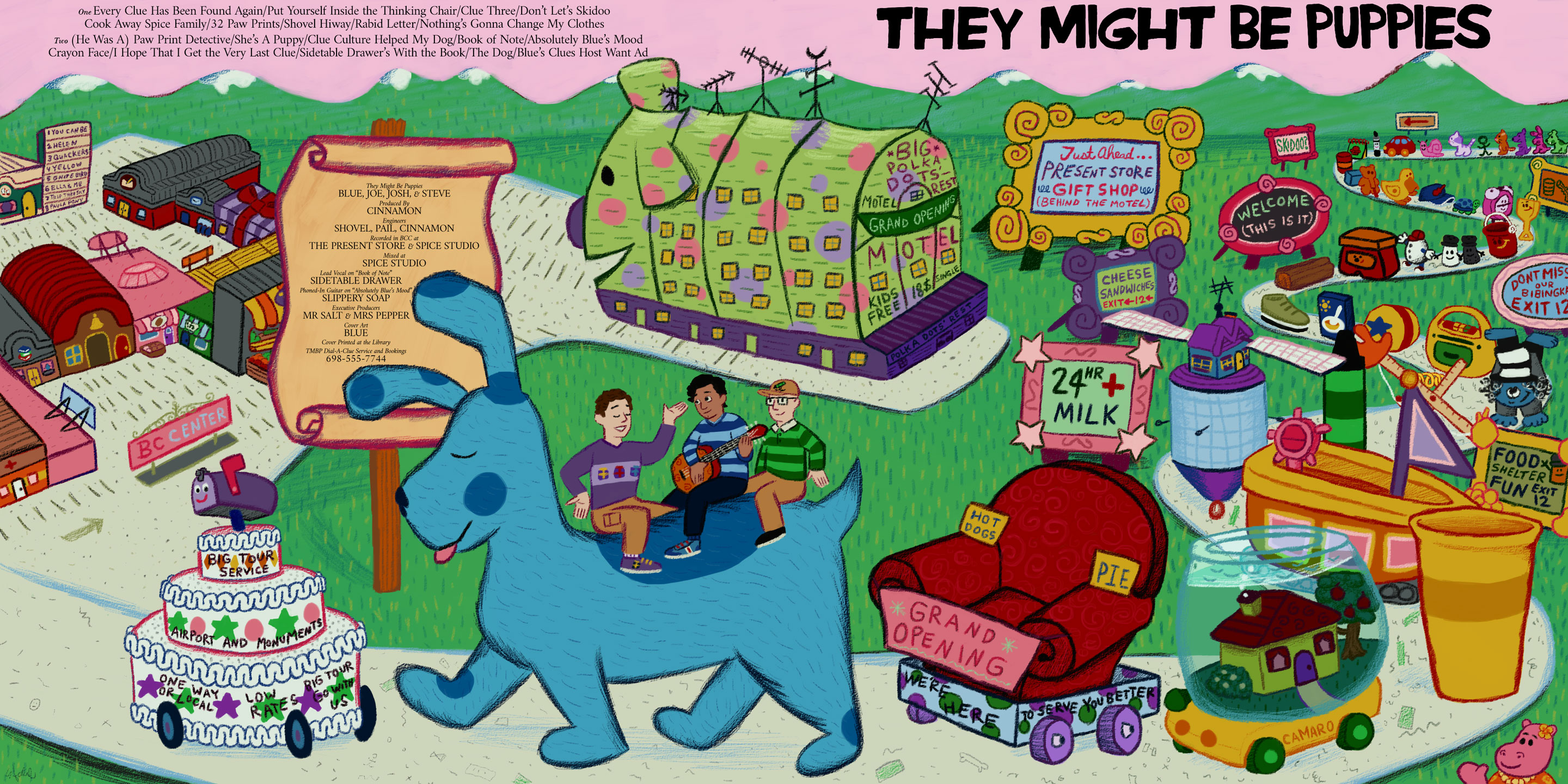 A digital drawing of They Might Be Giants' self titled album where everything is replaced with Blue's Clues references. There's a pink sky with the track listing and album title written in it with green hills below it. There's a shopping center in the top left with a signpost that have credits written on it to the right of it. There's a parade that spans from the right to the left. There's a motel that looks like Polka Dots located in the top middle of the piece.