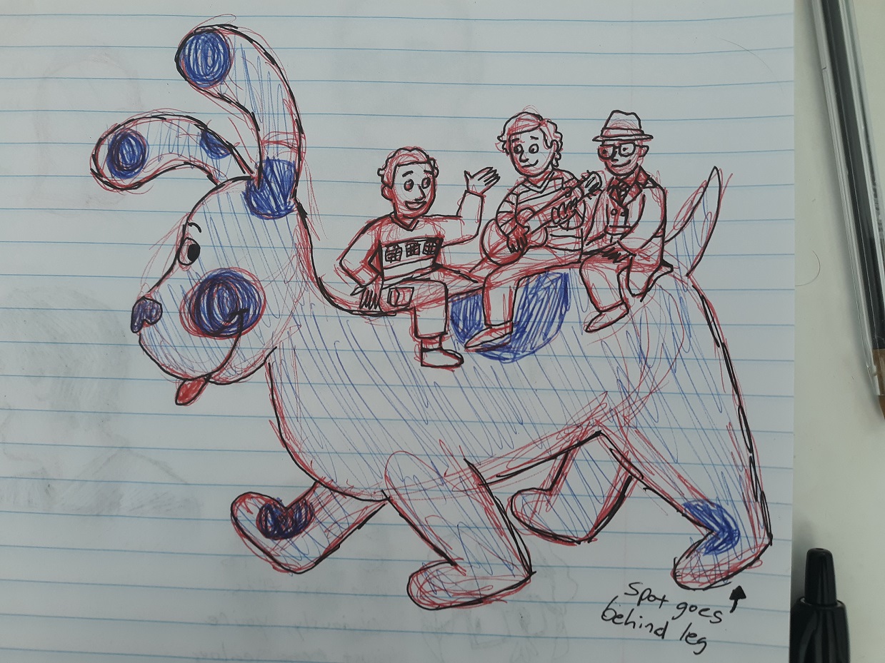 A pen sketch of Joe, Josh, and Steve on top of Blue on a piece of paper.