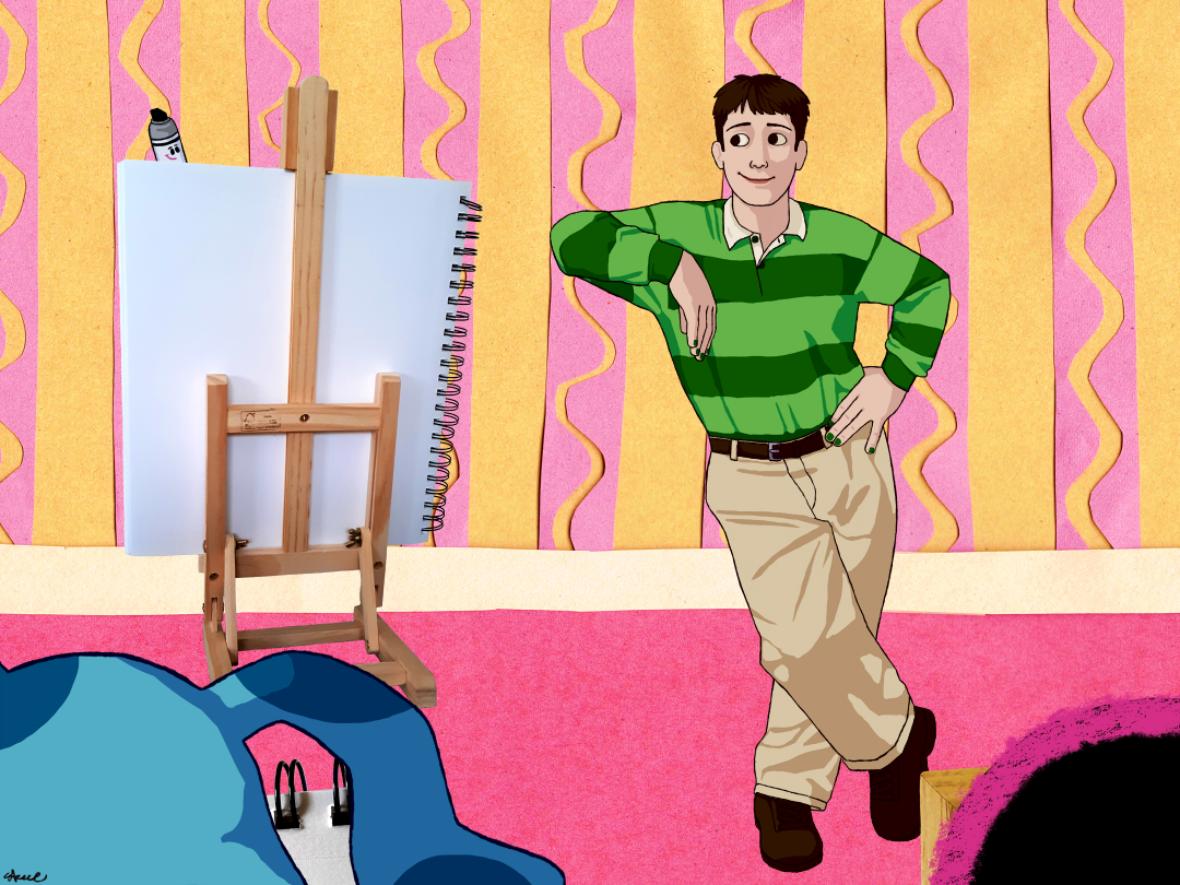 Steve from Blue's Clues is posing for Marky, Blue, and Chalk Girl. Marky is behind a large canvas, Blue has a notebook, and Chalk Girl has a chalkboard. The background is made of construction paper and the objects that the characters are drawing on are pictures of the actual object instead of being a drawing of them.