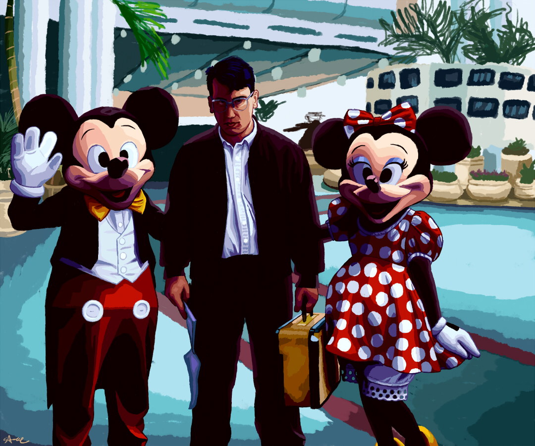 A young John Flansburgh at an airport with two people in Mickey Mouse and Minnie Mouse costumes. Flansburgh does not look amused.