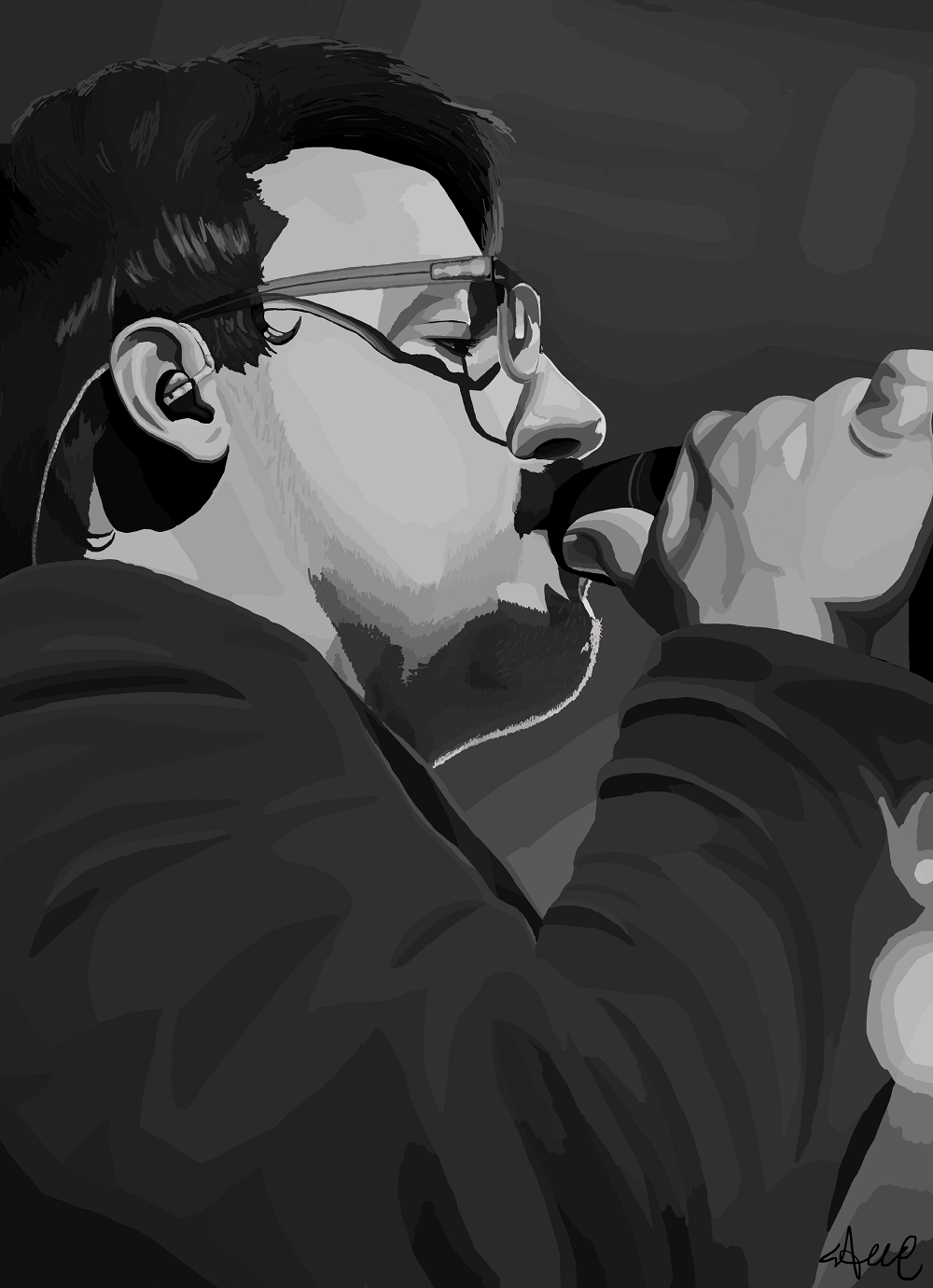 A black and white drawing of John Flansburgh's profile. He is singing into a microphone.