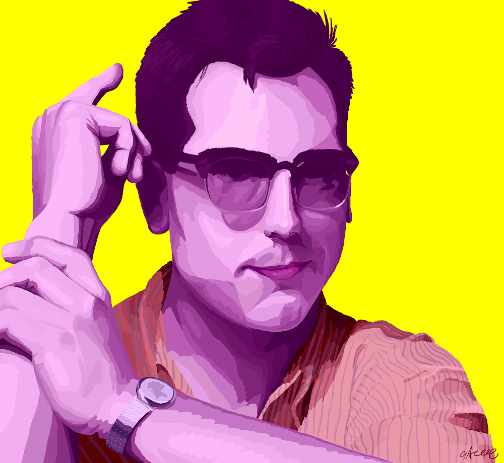 A drawing of a young John Flansburgh. It is from his chest up. He is smiling and has one hand next to his head with the other hand resting below that wrist.