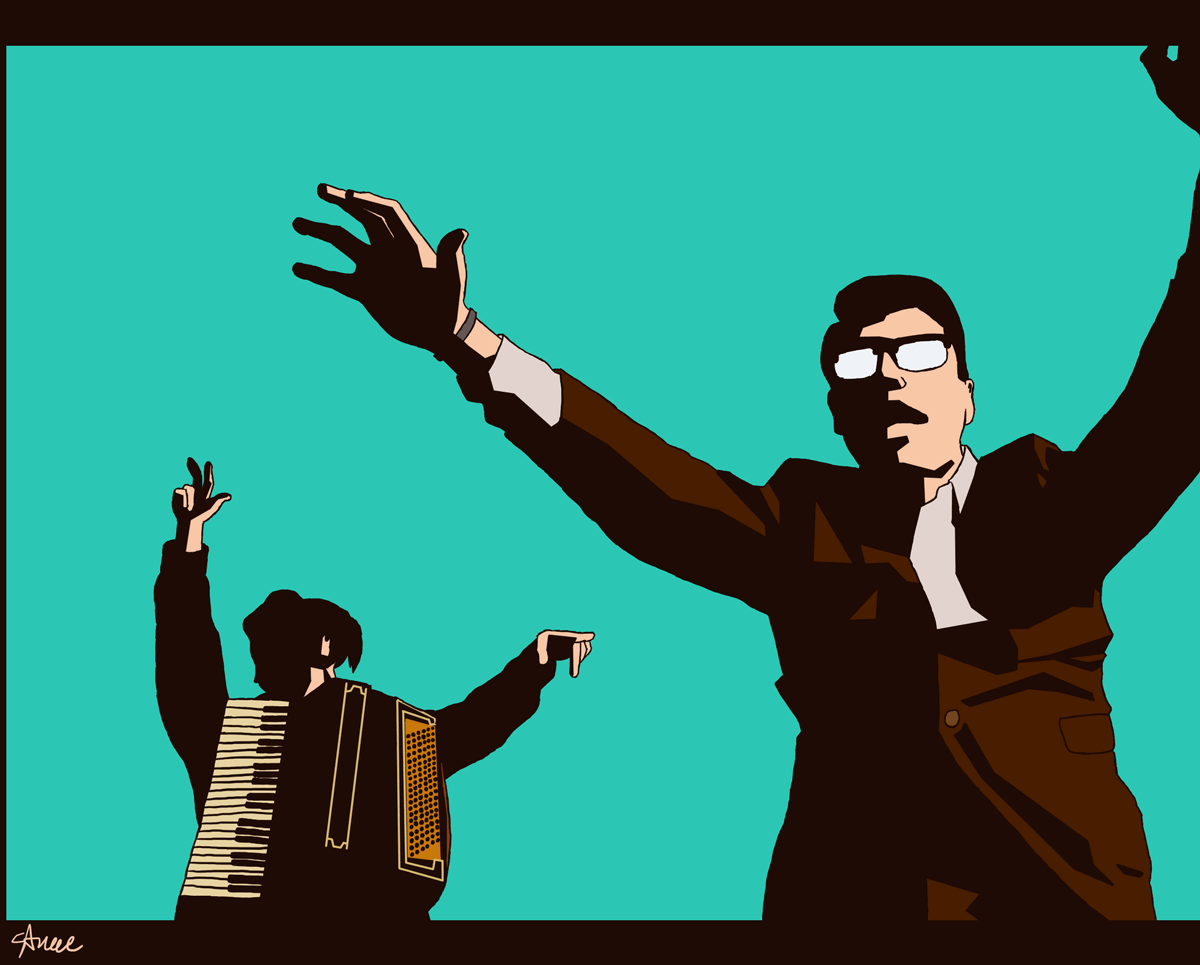 The gif fully finished with color and shading. John Linnell is dancing with his arms up in the air in the bottom left corner. Flansburgh is dancing with his arms up in the air on the right. Flansburgh is wearing a brown suit with a white button up underneath. The background is teal.
