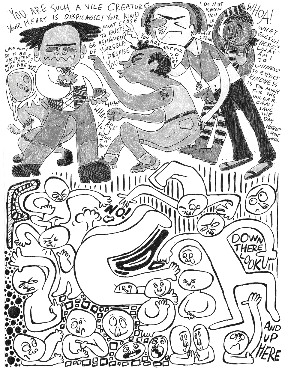 A drawing of multiple people together. The top half is of a group accusing one person of being evil with some onlookers not knowing what to do. The bottom half is of a group floating around and interacting with each other in different ways.