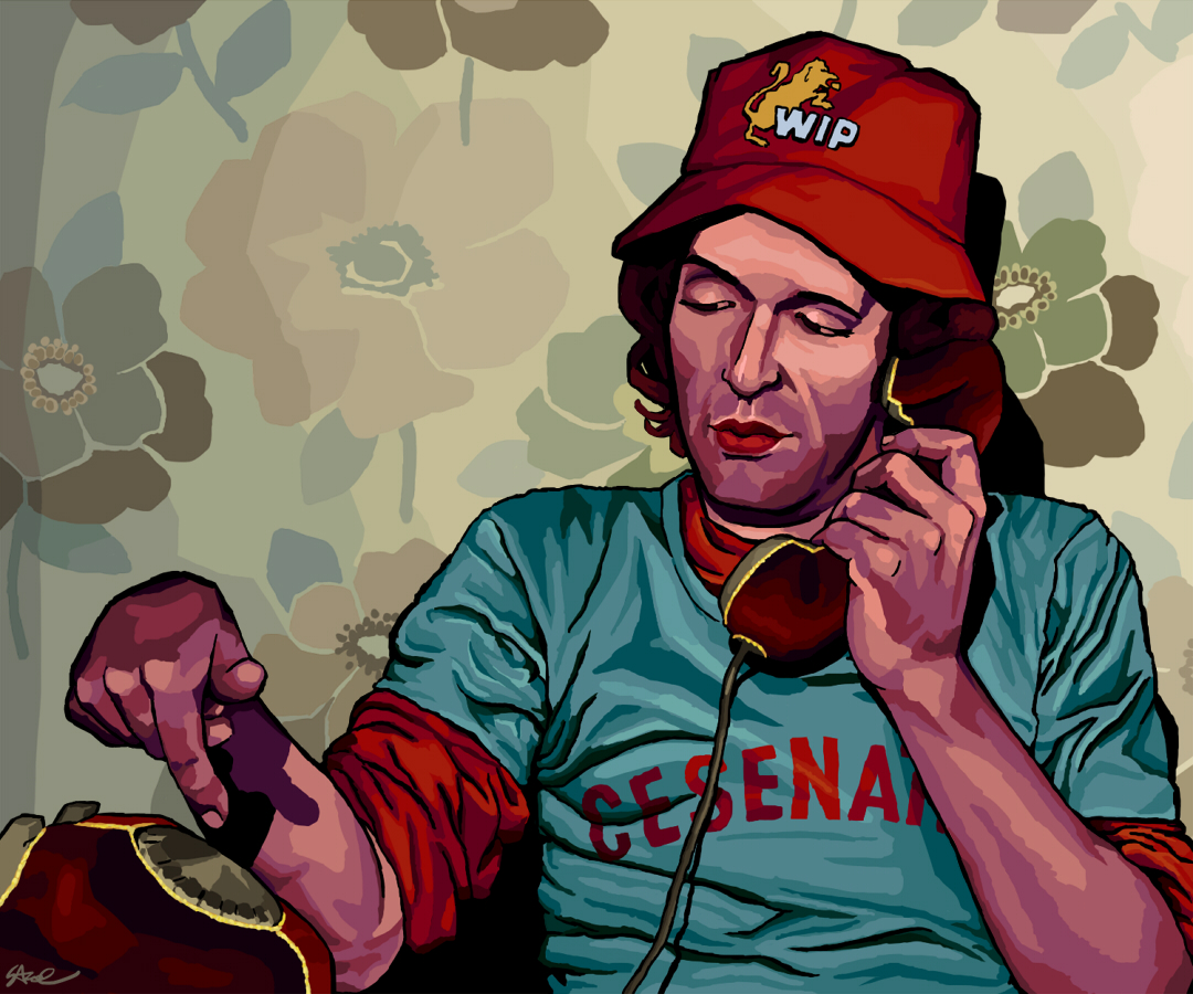 A drawn image of Italian actor Roberto Benigni on the telephone. He has one hand holding the receiver up to his ear and the other hand is hovering over the base of the phone as if he is in the middle of dialing a new number.