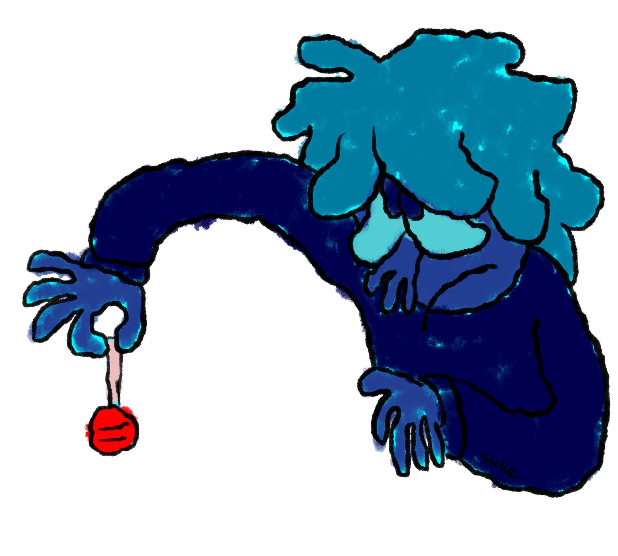 A gif of a very blue boy reluctantly holding a red lollipop from the end of the stick as to where the candy itself is facing the ground. The boy looks quite sad.