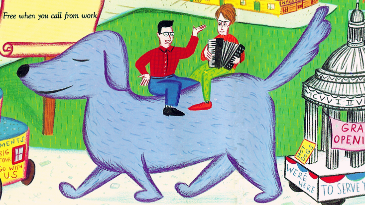 A close up of John Flansburgh and John Linnell sitting on top of a big blue dog on the cover of They Might Be Giants.