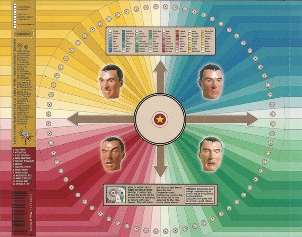 The disc tray picture of Feelings by David Byrne. It is a circle of different colors broken up in four sections. Each section has a face of a Byrne doll with different expressions.