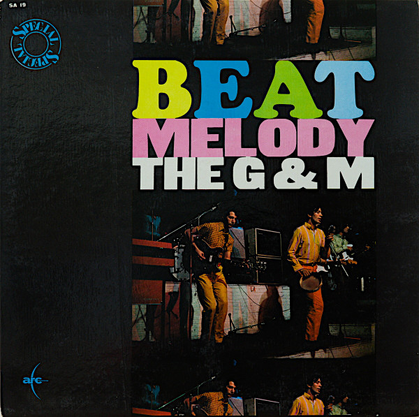 The cover of Beat Melody by the G & M. It is mainly black with a repeating photo of the band on the right and the album title with the band name in between the repeating photo.
