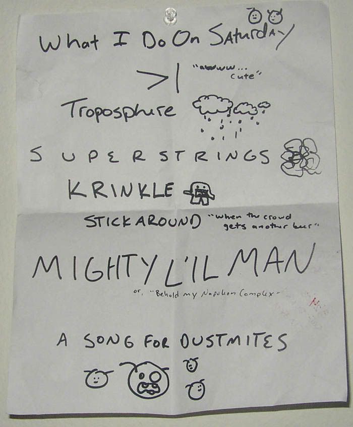 A written set list. There are images beside most of the songs listed.