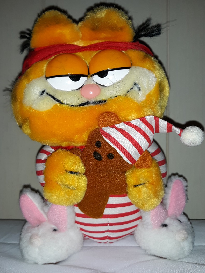 A plush doll of Garfield the cat in his pajamas. He is holding Pooky.