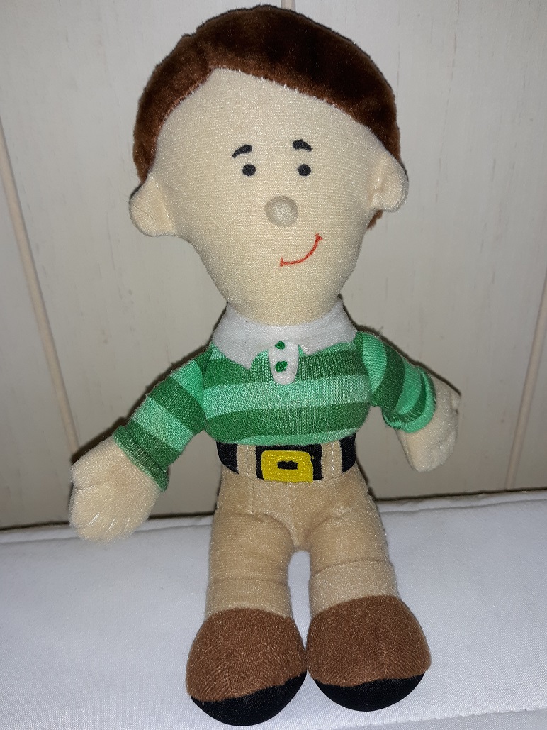 A small plush doll of Steve that has fabric hair and a drawn on face. This one depicts his belt unlike the other ones.