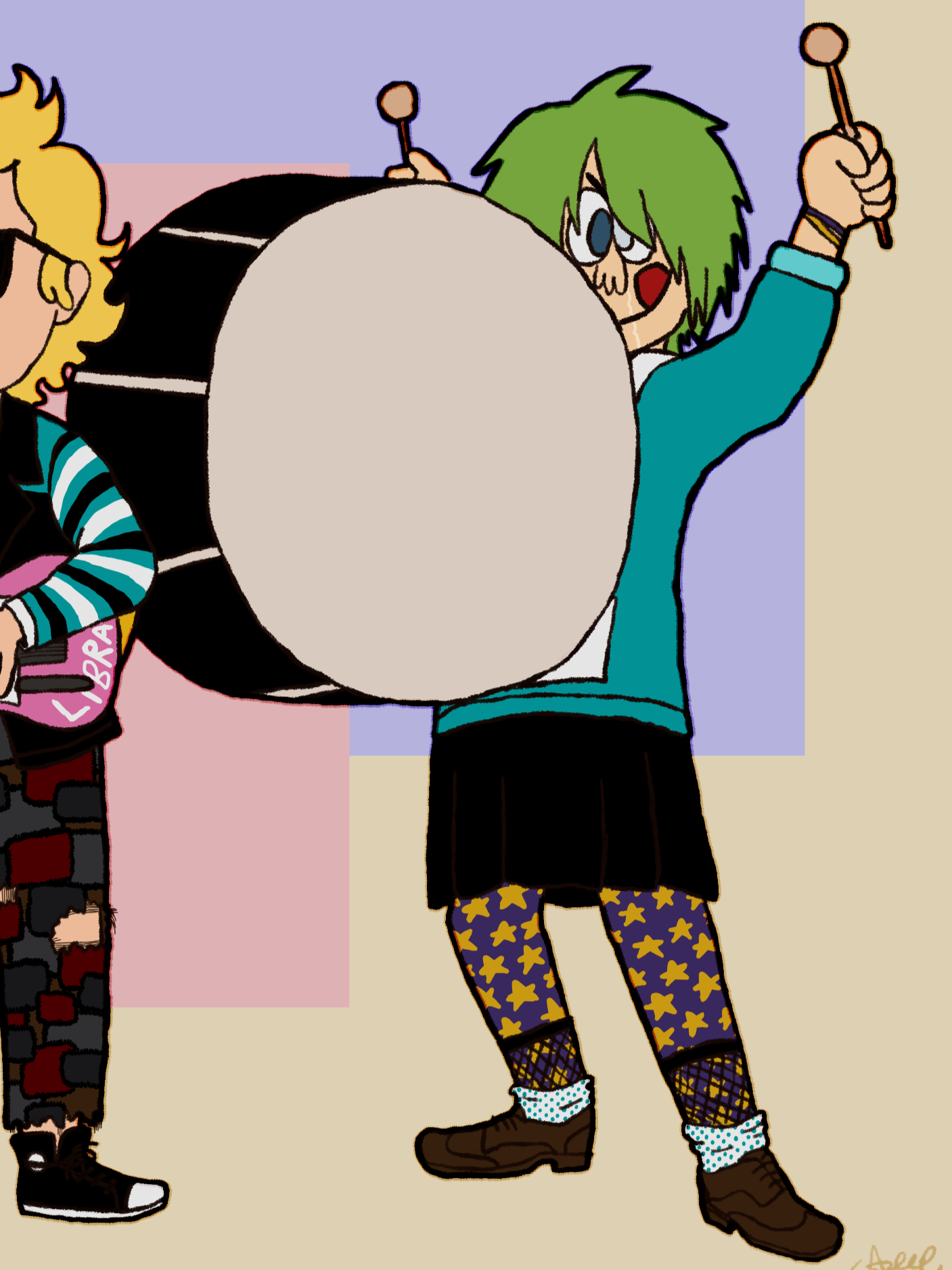 A digital drawing of Baby playing a large bass drum.