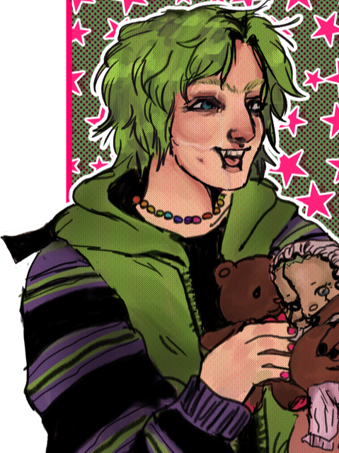 A digital drawing of Baby as a young adult. He is smiling and his holding a doll of Euphoria. He is wearing a Gir hoodie with a rainbow beaded necklace.