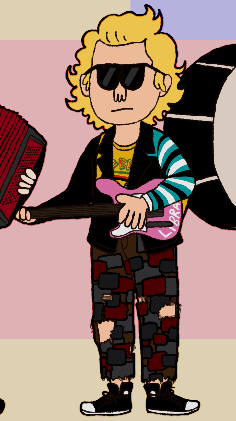 A digital drawing of Babysister as a child. She is holding a guitar and is wearing more punk clothes with black sunglasses.