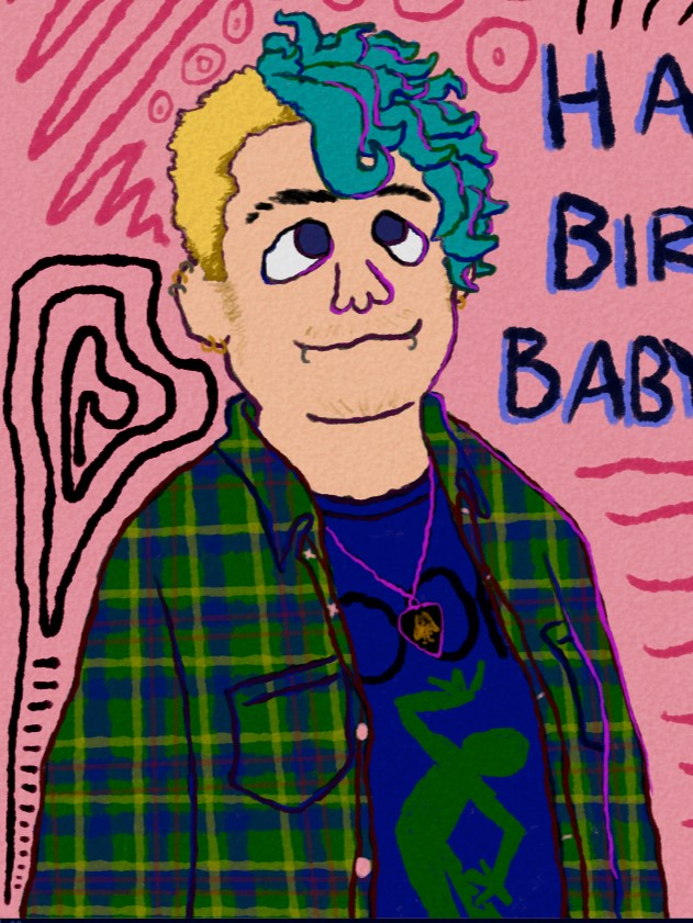 A digital drawing of a teenage Babysister. She has turquoise hair with many piercings in her face and ears.