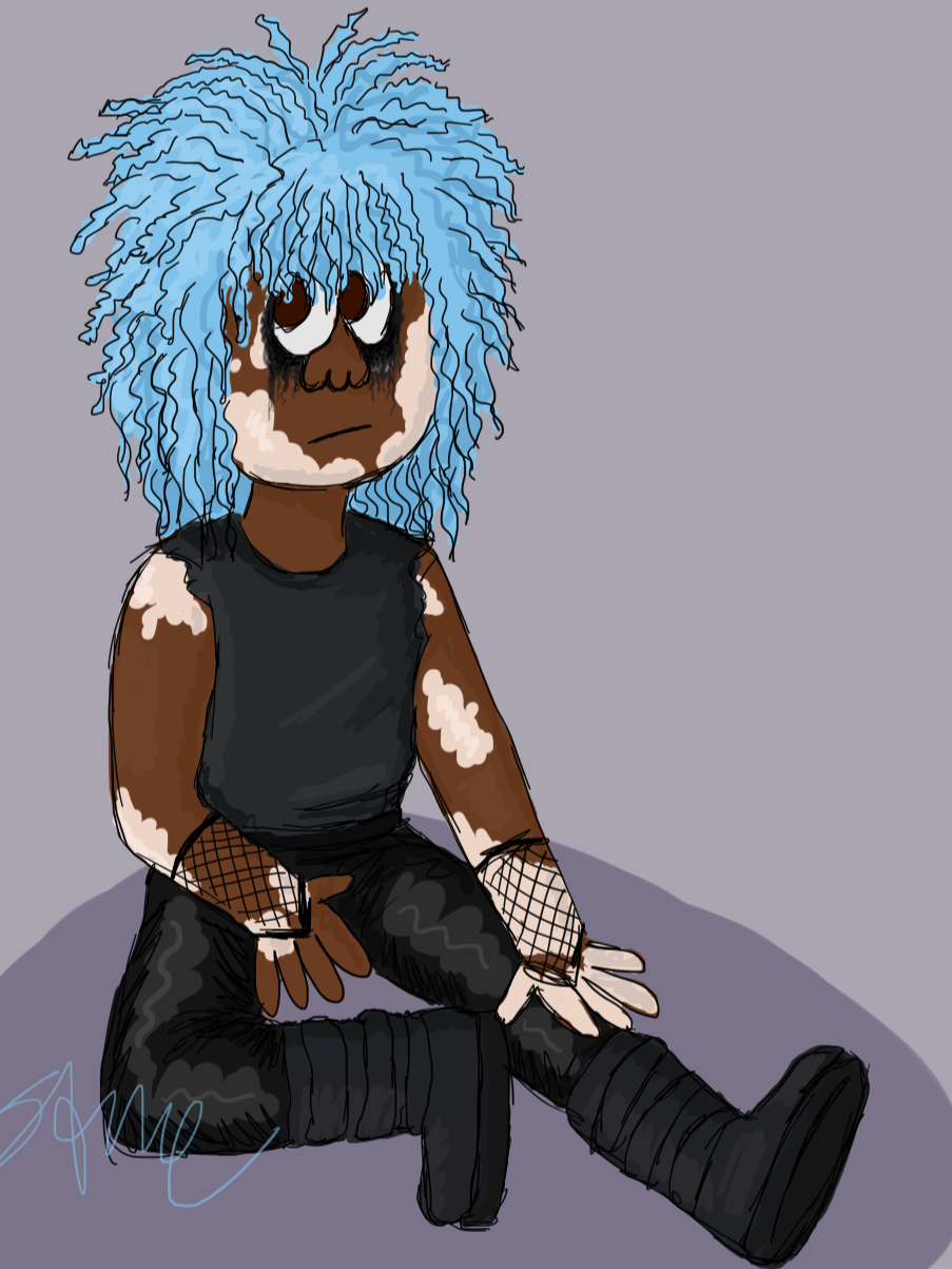 A digital drawing of Blanky in a goth outfit. His hair is teased up and he is wearing all black.