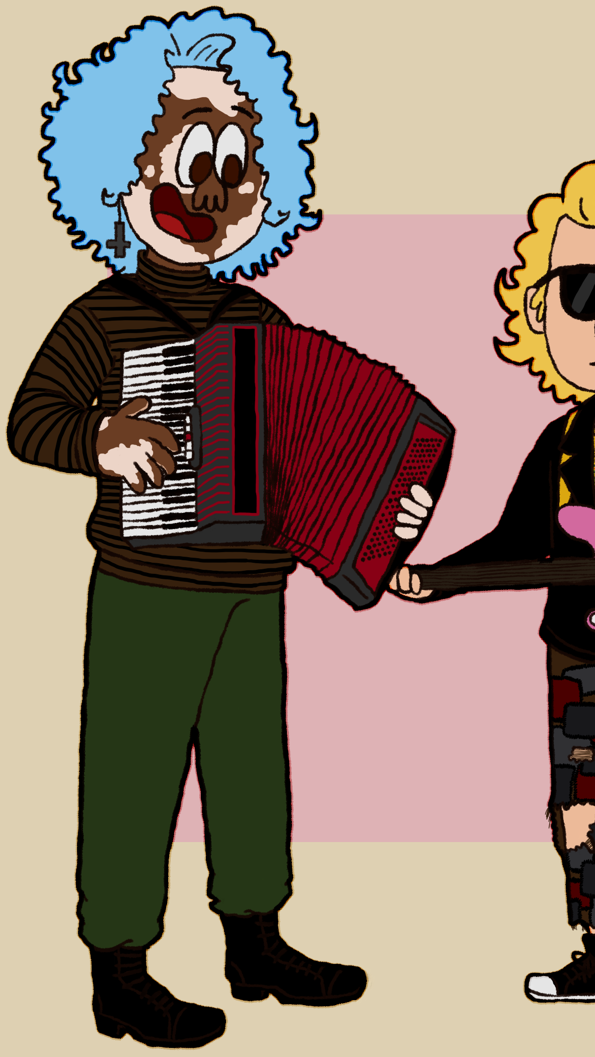 A digital drawing of Blanky playing the accordion.