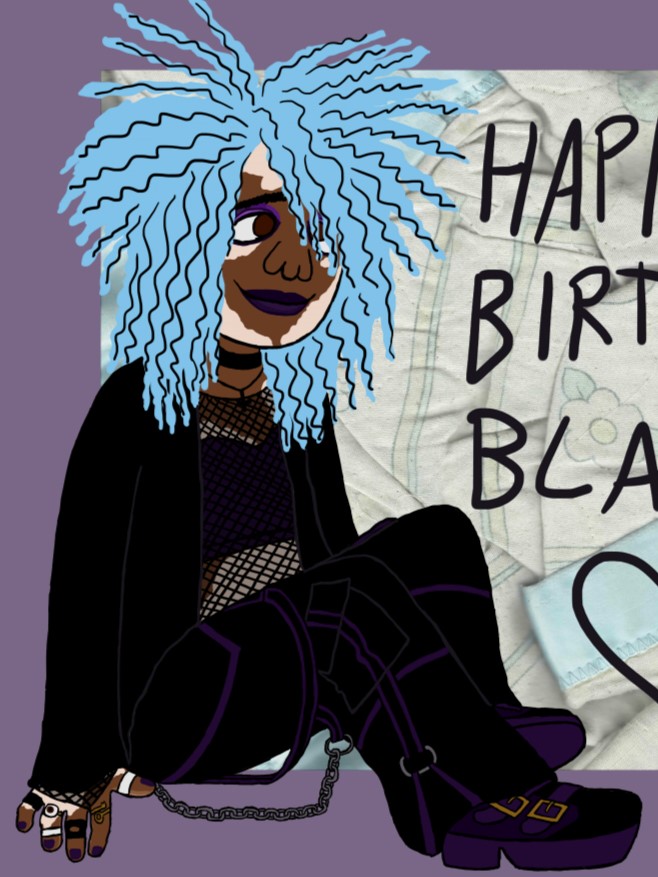 A digital drawing of Blanky in a goth outfit. His hair is teased up and he is wearing all black with some purple.