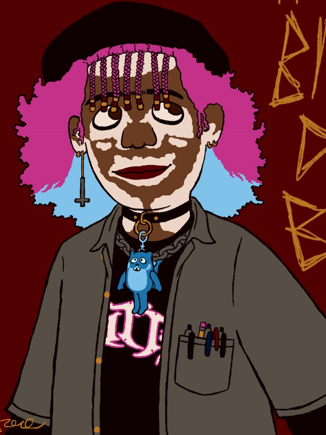 A digital drawing of Blanky with half pink hair and wearing a beret. His bangs are braided with beads at the ends.