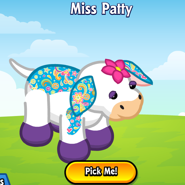 Virtual Webkinz pet white cow with purple hooves and blue patches with colorful pattern inside it and a pink flower on the head.