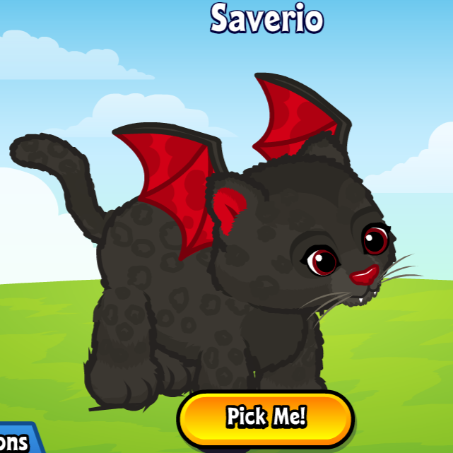 Virtual Webkinz pet panther with red and black bat wings and two fangs.